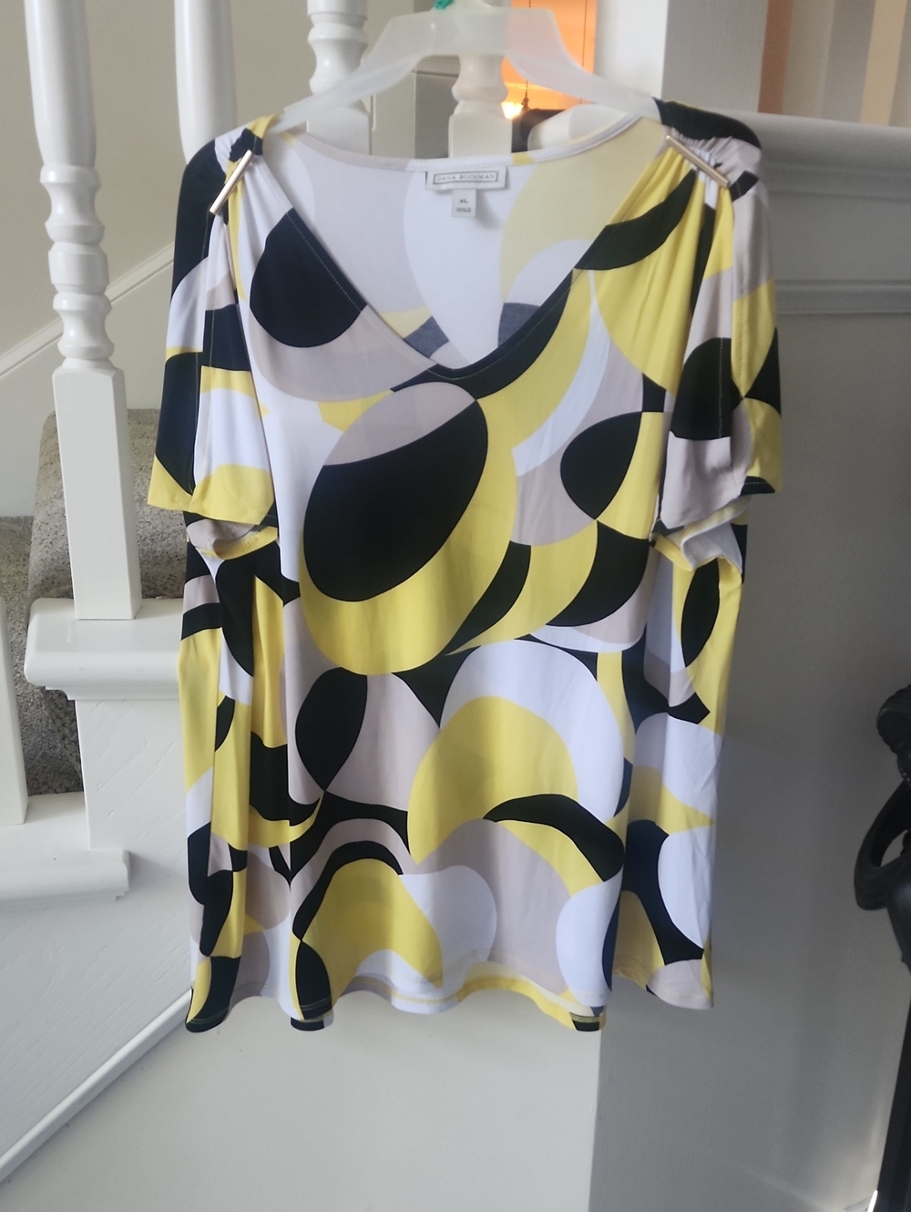 Dana Buchman Yellow, Black & White Geometric Short Sleeve Top XL